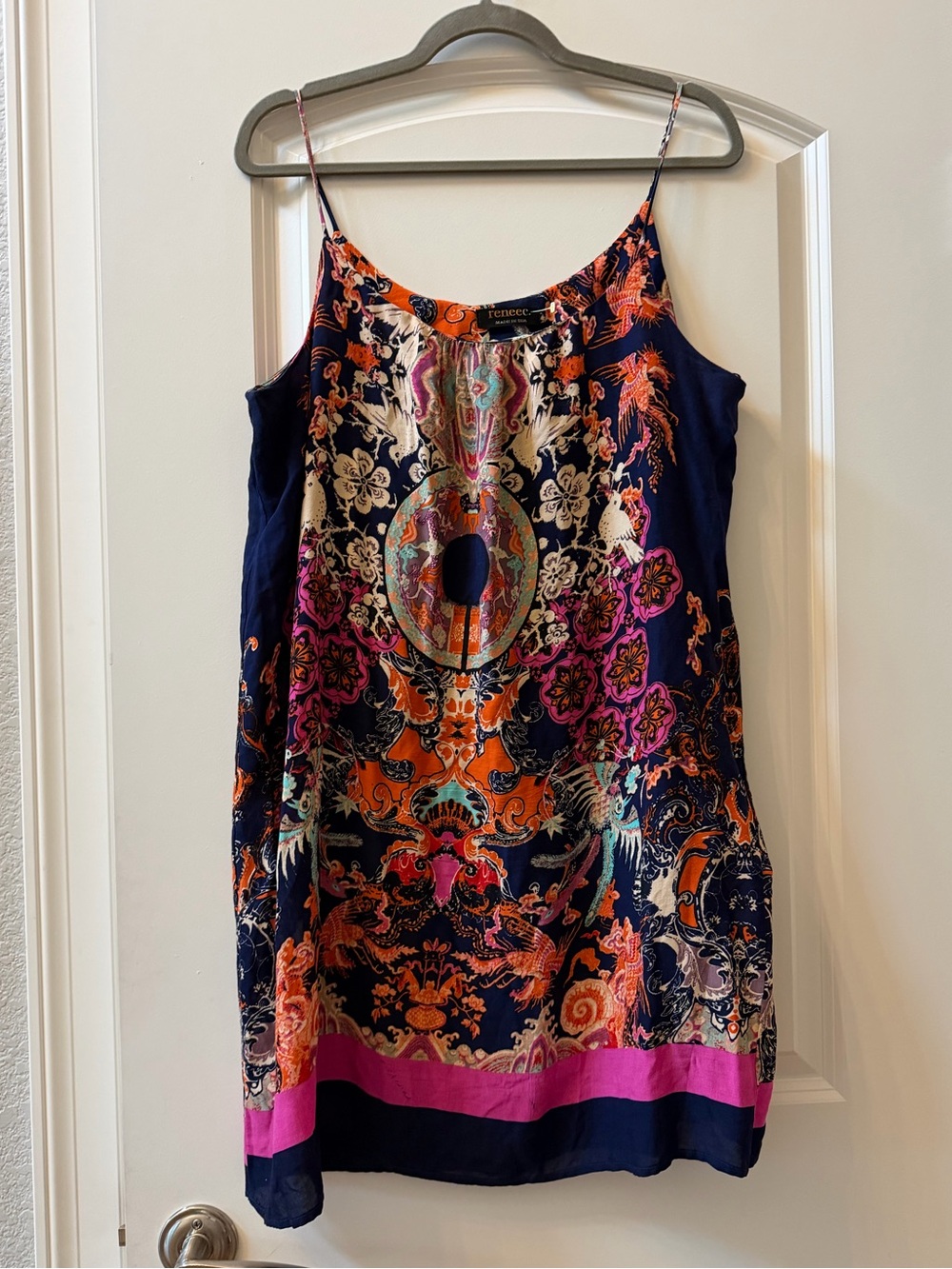 Renee C. Bold Maximalist Dress w Medallions and Exotic Birds Print. Made in USA.